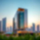 A stunning view of the Amna Building showcasing its unique architectural design against Dubai's skyline.