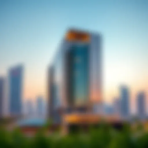 A stunning view of the Amna Building showcasing its unique architectural design against Dubai's skyline.