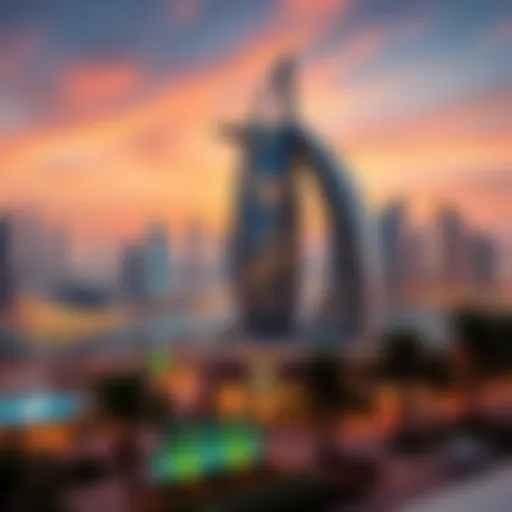 A panoramic view of برج السلام دبي showcasing its unique architectural design against the skyline.