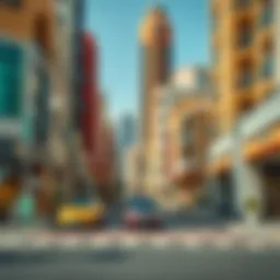 A vibrant street scene showcasing Dubai's architecture