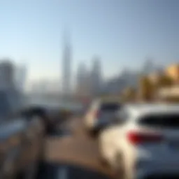 A scenic view of Dubai's skyline with parked cars on a Sunday