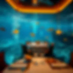 Stunning underwater view showcasing an exquisite dining setup surrounded by marine life